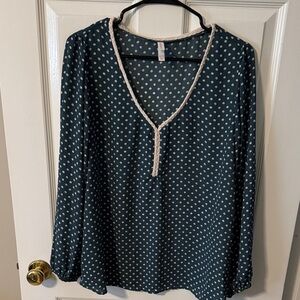Xhilaration Teal Polka Dot Long-Sleeve Blouse with Cream Trim